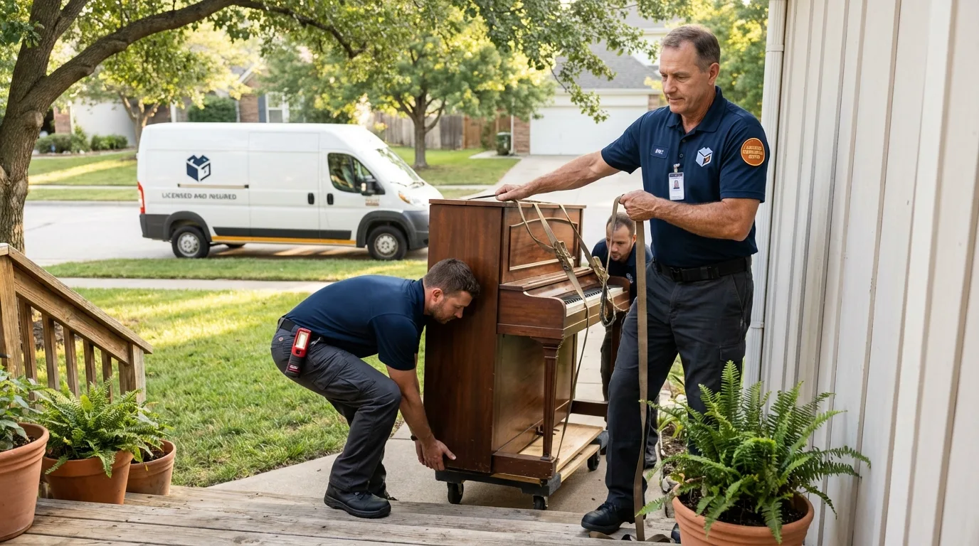 Licensed piano movers securing grand piano in Eminence, MO